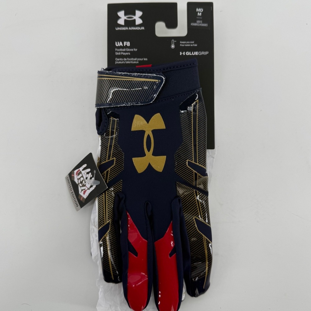 Under Armour Mens UA F8 Football Gloves Limited Edition‎ USA Navy Gold MD NEW